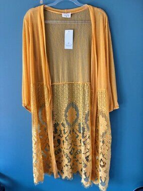 Ember Golden Yellow Floral Lace Sheer 3/4 Bishop Sleeve Duster XL NWT Boho Fest